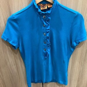 Tory Burch Ruffle Short Sleeve Polo Shirt Blue S